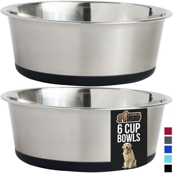 Dog Bowl Set of 2, Heavy Duty Stainless Steel Bowls by GORILLA GRIP, Holds 6 Cups, Black