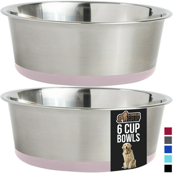 Dog Bowl Set of 2, Heavy Duty Stainless Steel Bowls by GORILLA GRIP, Holds 6 Cups, Light Pink