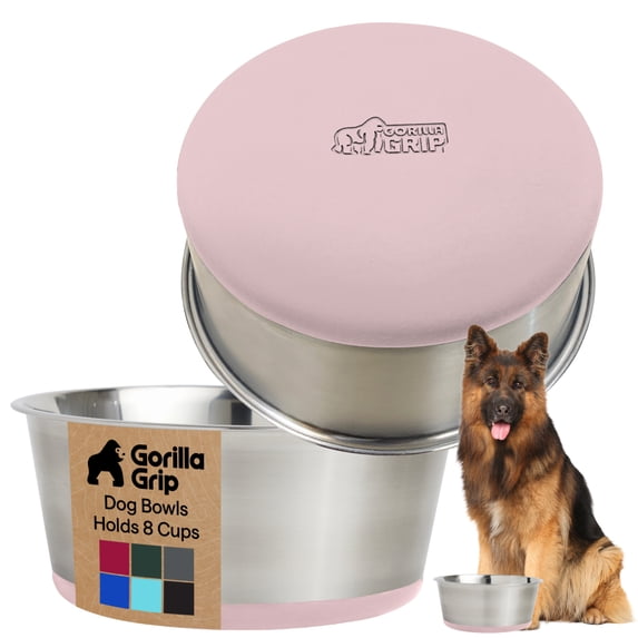 Dog Bowl Set of 2, Heavy Duty Stainless Steel Bowls by GORILLA GRIP, Holds 8 Cups, Light Pink