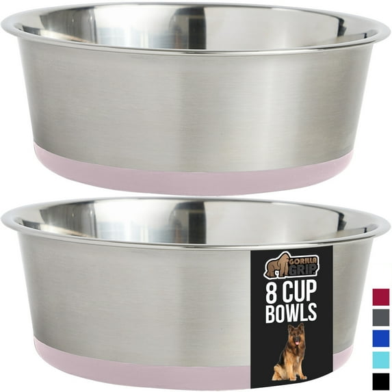 Dog Bowl Set of 2, Heavy Duty Stainless Steel Bowls by GORILLA GRIP, Holds 8 Cups, Light Pink
