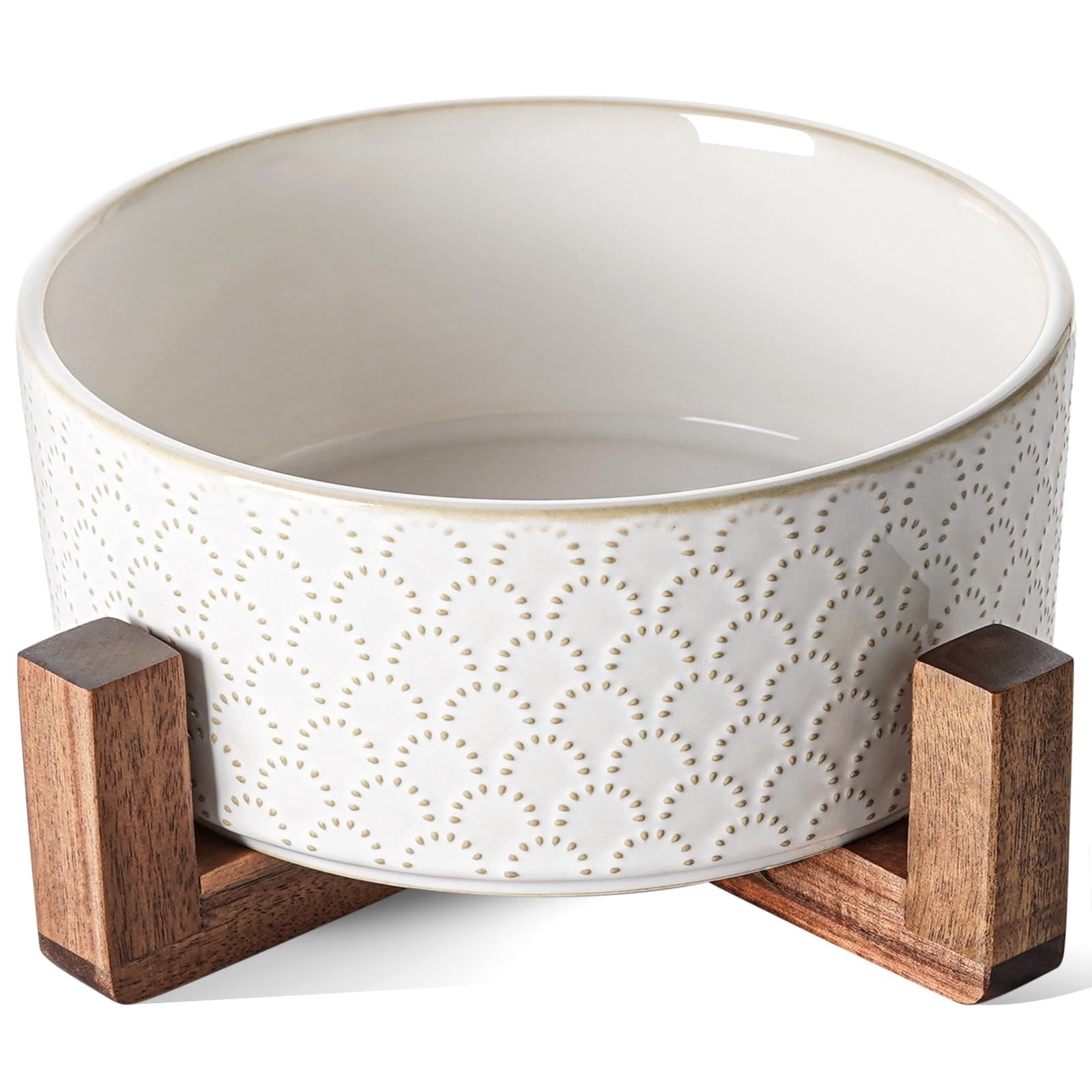 Dog Bowl Set with Acacia Wood Stand - 1.5-Cup Ceramic Puppy Bowls for Small Dogs, Dual Food and Water Bowls with Weighted Non-Slip Base
