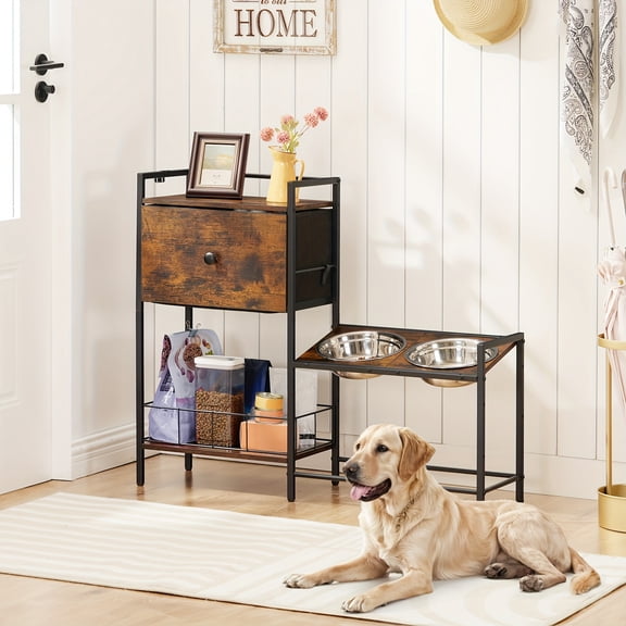 Dog Bowl Stand with 3 Height Adjustable Elevating Bowls, 2 Bowls, Dog Toy Basket and Shelf, Dog Food Storage Rack, Suitable for Large Dogs, Simple Brown