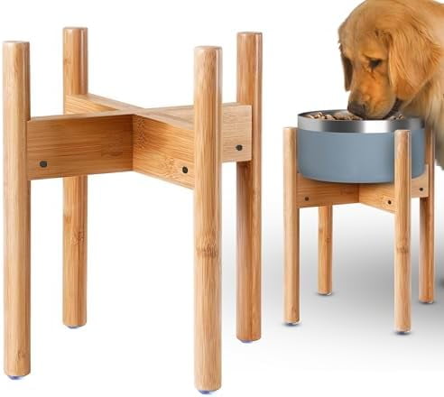 Dog Bowl Stand for Large Breed - Raise, Elevate Bowls to 14-inch High - Adjustable, Fits Any Single Pet Food/Water Feeders and Fountains - Durable Bamboo