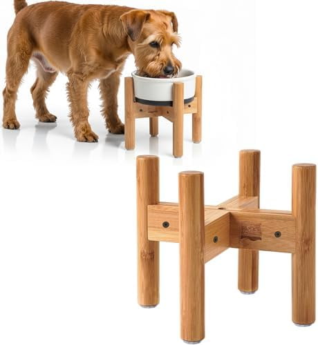 Dog Bowl Stand - Raise, Elevate Bowls to 9-inch High - Adjustable, Fits 6 up to 8-inch Medium Dog Food/Water Feeders, Dishes and Fountains - Durable Bamboo