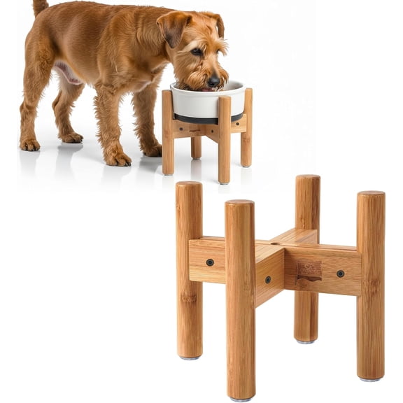 Dog Bowl Stand for Small-to-Medium Dogs - Adjustable, Easy Fold-Down, Comes with Foot Pads and Assembly Tool - Bamboo