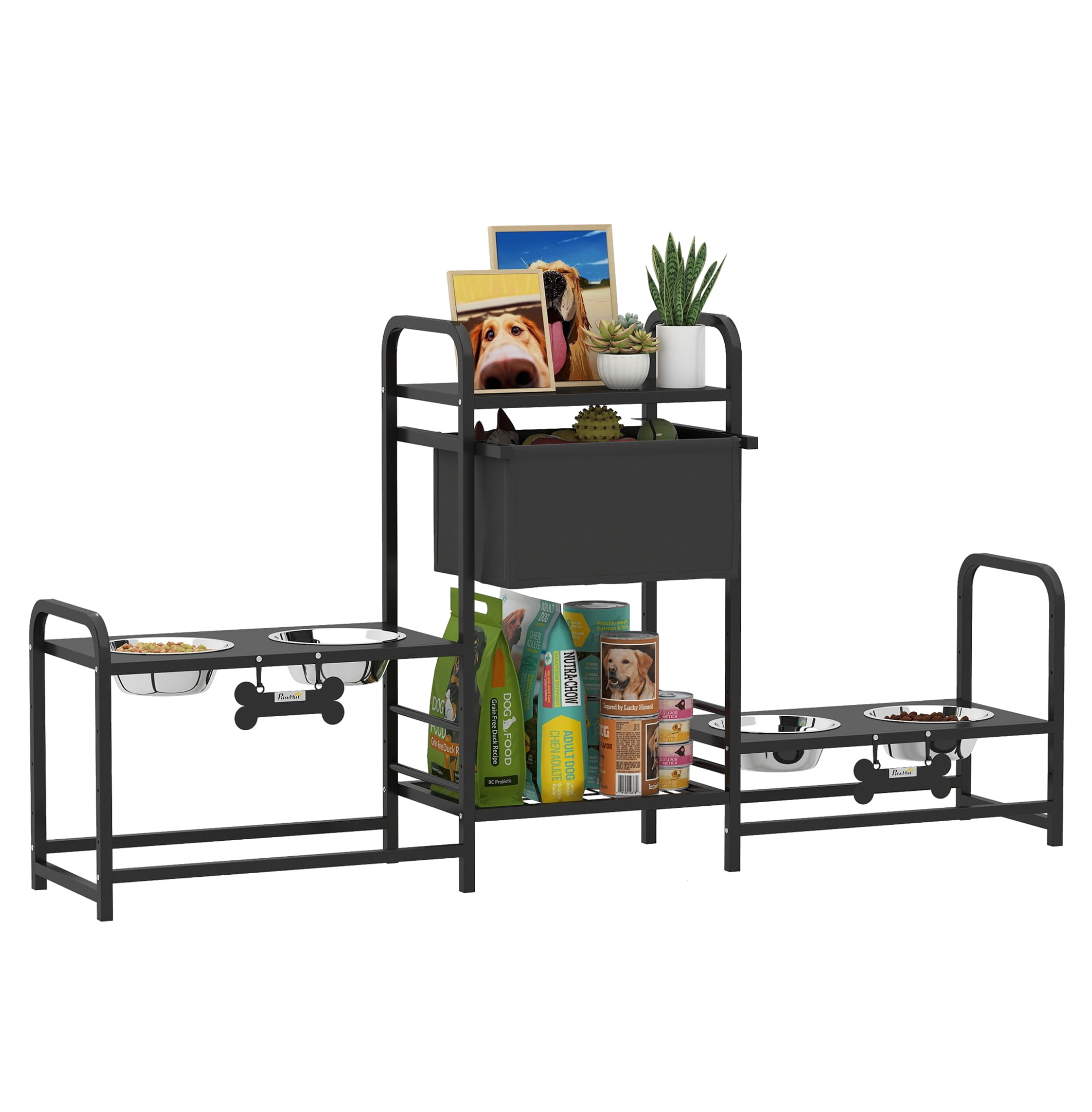 Dog Bowl Stand with Toy Storage, 3 Height Adjustable Elevated Dog Bowls, 2 Feeding Stations, Stainless Steel Pet Feeder for Large & Small Dogs, Black