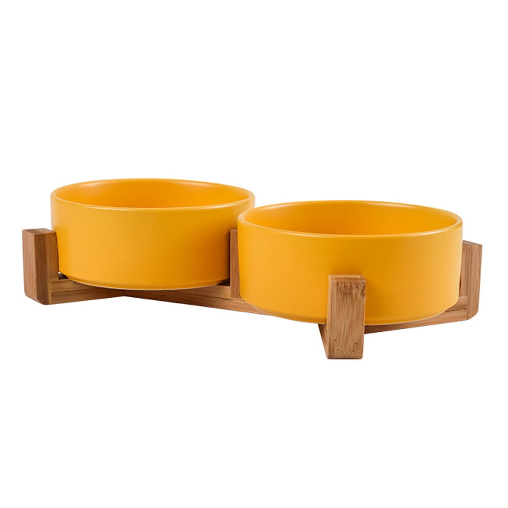 Dog Bowls,Black Ceramic Cat Dog Bowl Set with Wood Stand for Food and Water,Non-Slip Weighted Cute Modern Pet Dishes Set for Cats & Small Dogs - yellow