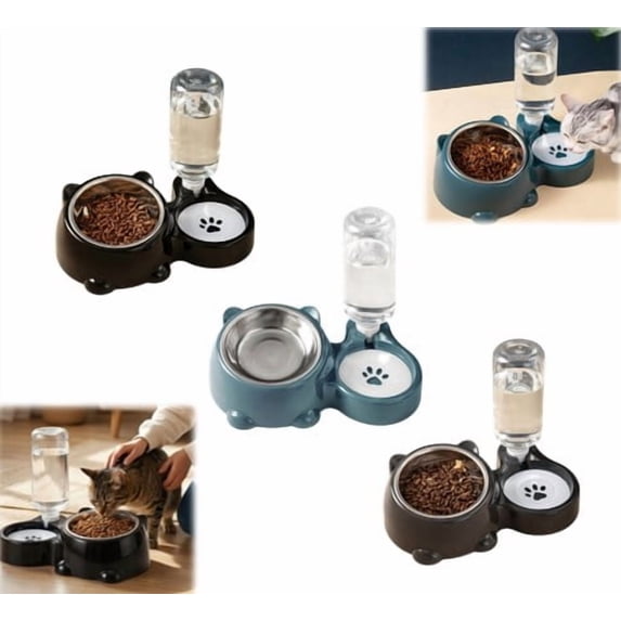 Dog Bowls Cat Food and Water Bowl Set – Water Dispenser and Stainless Steel Bowl Detachable Gravity Pet Feeder and Waterer Set for Cats Dogs Puppy Rabbit (Black)