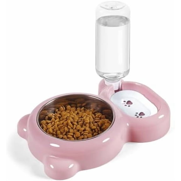 Dog Bowls, Cat Food and Water Bowl Set with Water Dispenser and Stainless Steel Bowl for Cats and Small Dogs - Pink