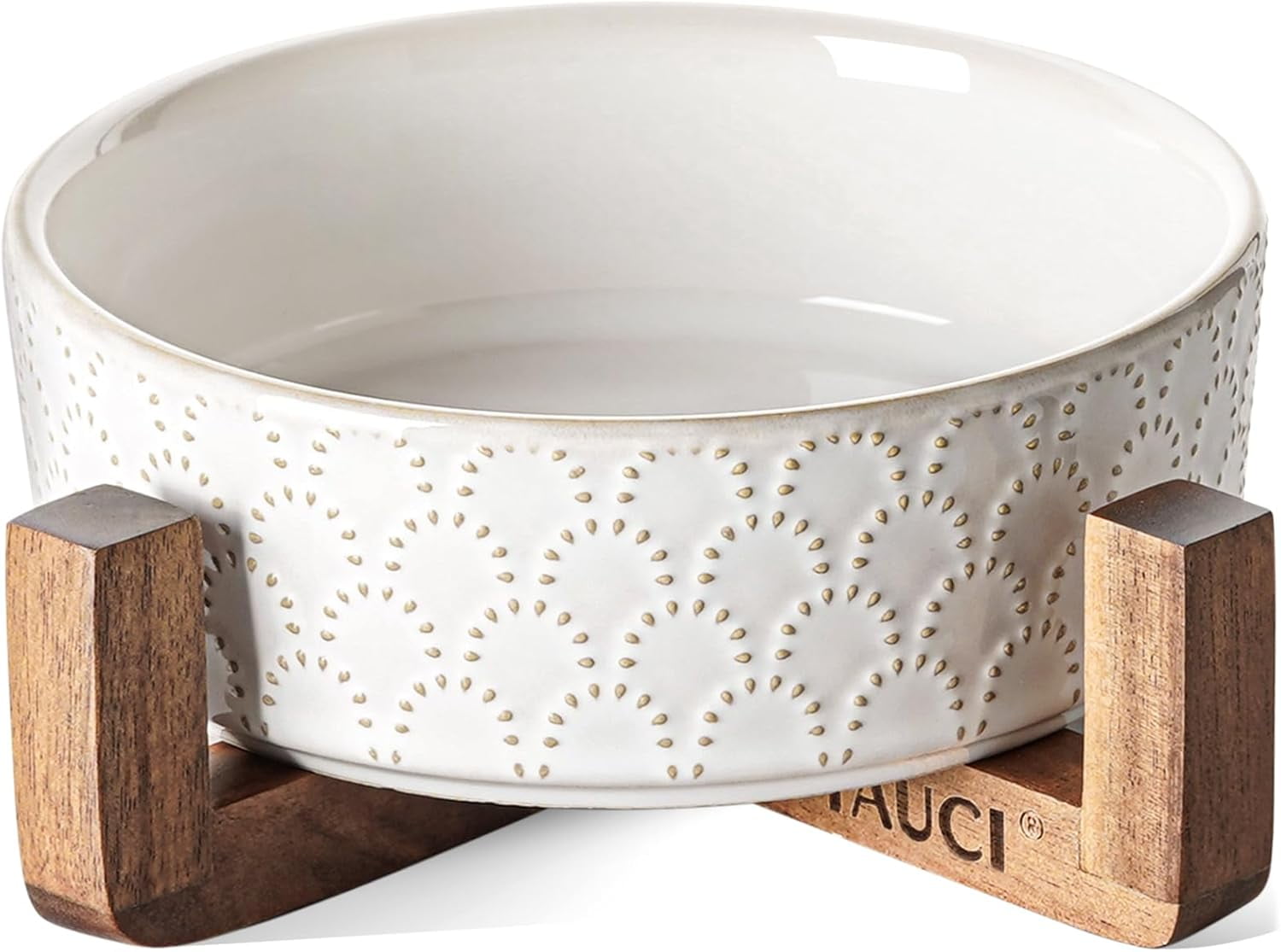 Dog Bowls Ceramic for Small Medium Dogs - 3-Cup Dual Food & Water Bowl Set with Acacia Wood Stand, Non-Slip Anti-Tip Elevated Design