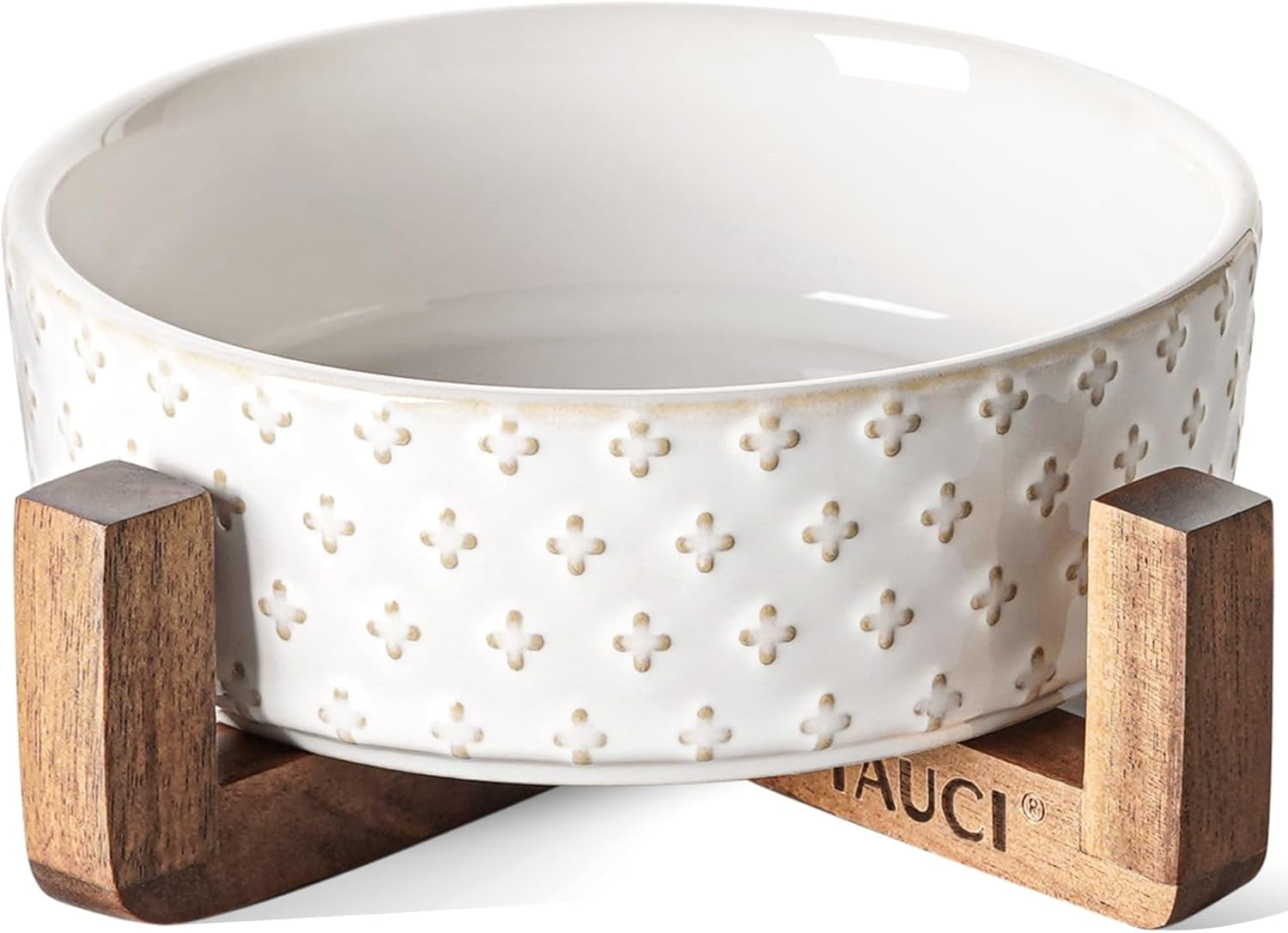 Dog Bowls Ceramic for Small Medium Dogs - 3-Cup Dual Food & Water Bowl Set with Acacia Wood Stand, Non-Slip Anti-Tip Elevated Design