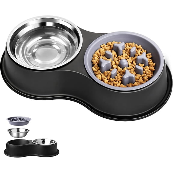 Dog Bowls Double Dog Water and Food Bowls Stainless Steel Bowls with Non-Slip Resin Station, Pet Feeder Bowls for Puppy Medium Dogs Cats