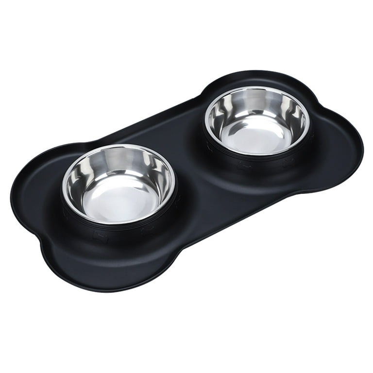 Dog Bowls & Mat Set - Stainless Steel Bowls Set in a No Mess, No Spill, Non  Skid, Silicone Mat. Food & Water Bowls for Dogs or Cats - black