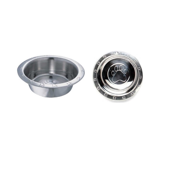 Dog Bowls Pawprint Bone Embossed Pet Wide RIm Dishes Stainless Steel Choose Size (32 oz - 1 Quart)