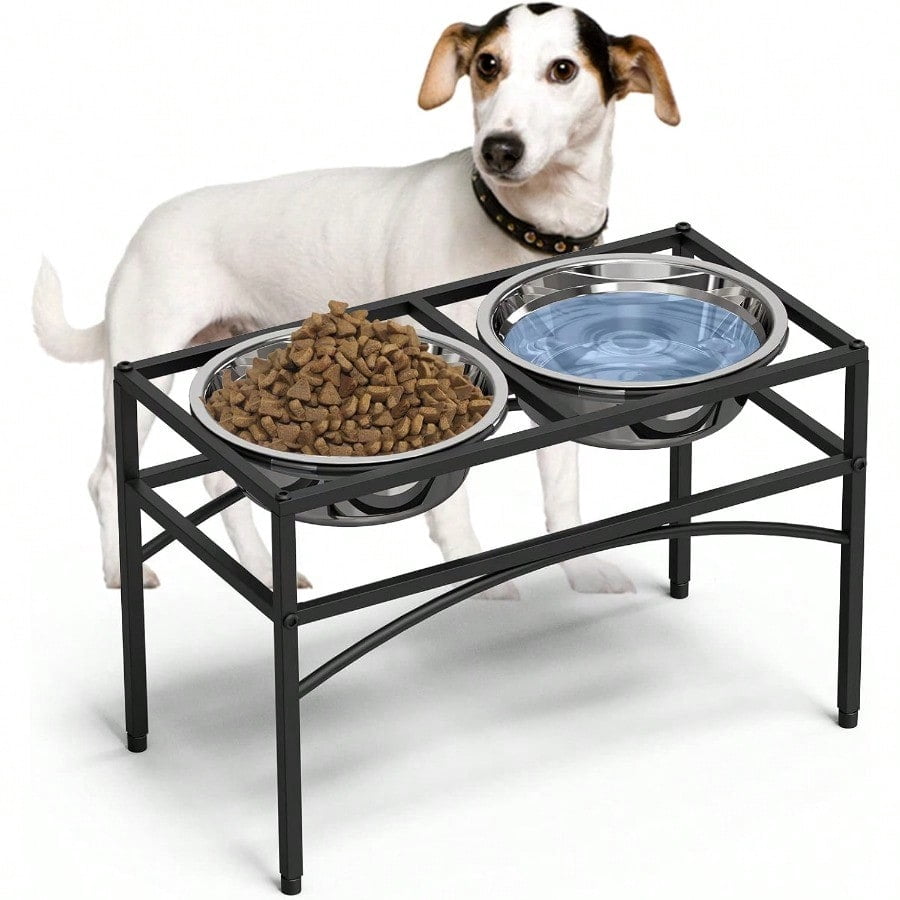 Dog Bowls Raised Pet Feeder With Stand Stainless Steel 10.5 Inch Height Medium Or Large Breeds