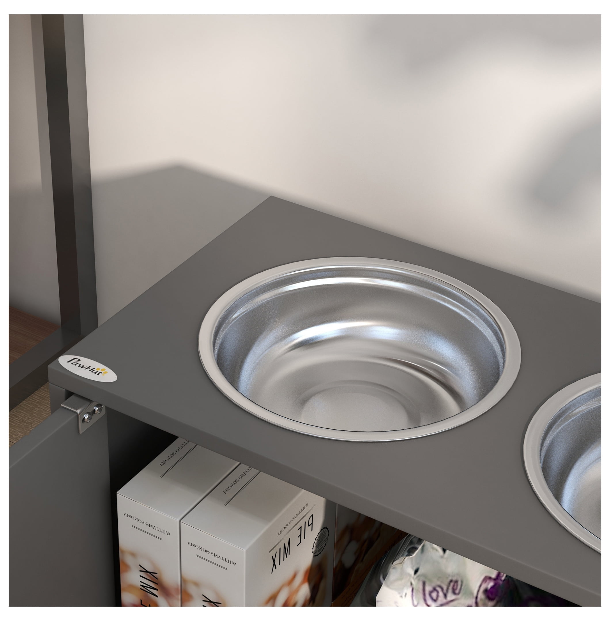 Dog Bowls with Storage Cabinet - 44L Capacity - Elevated Feeder for Large Dogs - Gray