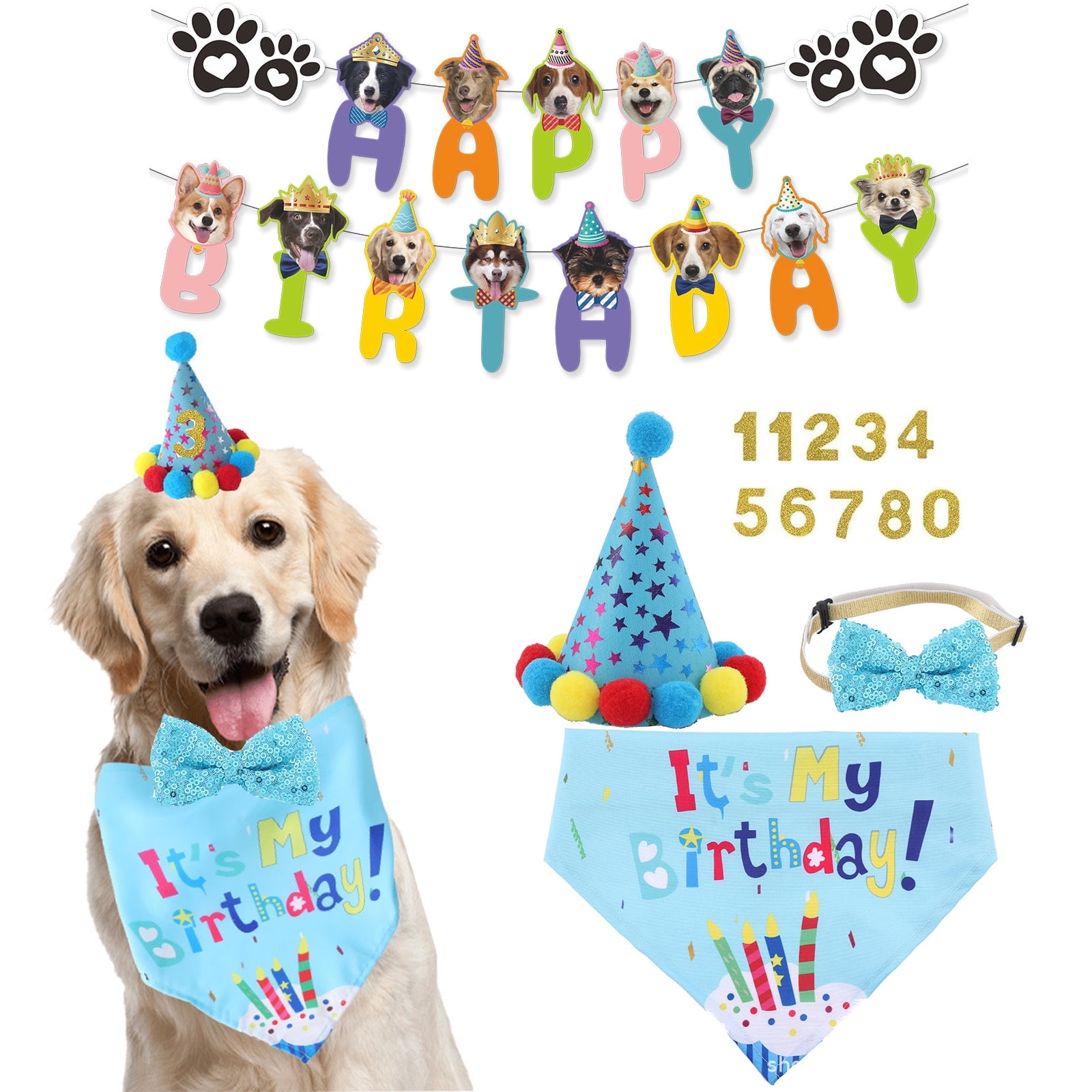Dog Boy Birthday Party Outfits Decor,Birthday Hat, Bow Tie, Bandana, Happy Birthday Banner,Puppy Pet Theme Decorations Suit for Golden Doodle Teddy Husky Labrador (4PCS Blue)