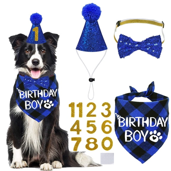 Dog Boy Birthday Party Outfits Decor,Birthday Hat, Bow Tie, Bandana,Puppy Pet Theme Decorations Suit for Golden Doodle Teddy Husky Labrador ( Blue)