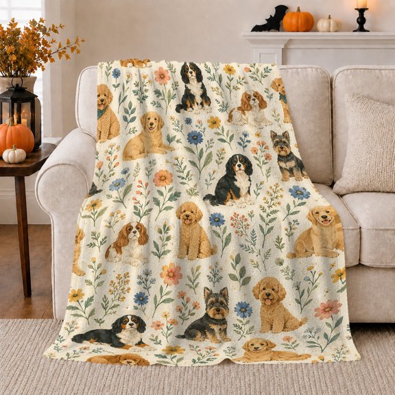 Dog Breed Autumn Floral, Playful Pet Portrait Pattern, Warm Flannel Blanket for Living Room and Reading Nook with Detailed Artwork, Dog Moms Thanksgiving Gift, Pet Lover Home Decor