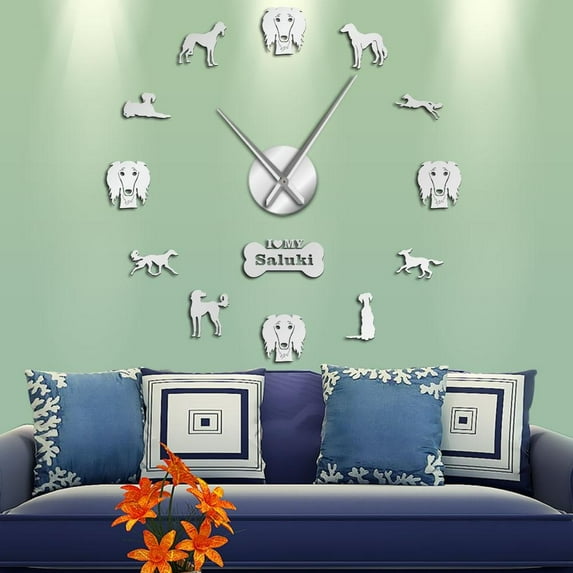 Dog Breed DIY Giant Wall Clocks Wall Art Mirror Effect Stickers Hanging Timepiece Home Decor(Silver,27inch)