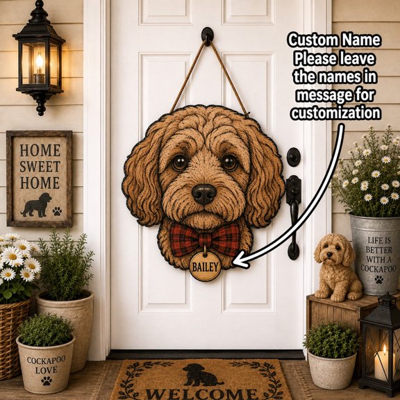 Dog Breed Door Sign Cockapoo Custom Name Welcome Hanger for Pet Lovers