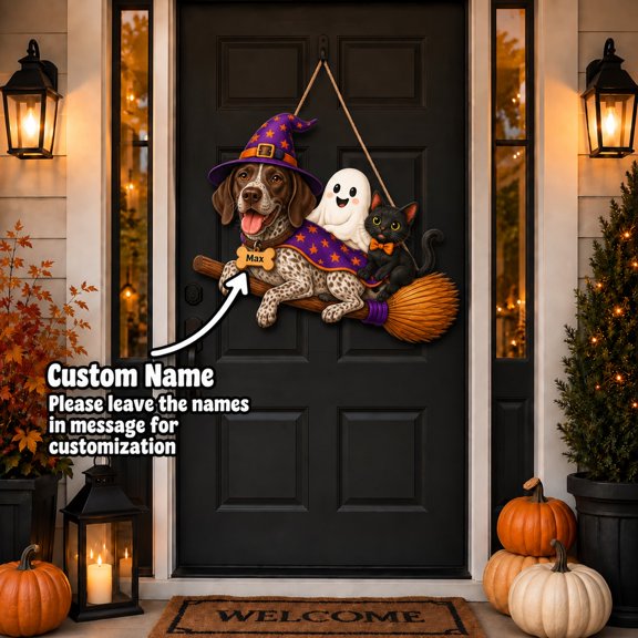 Dog Breed Door Sign, German Shorthaired Pointer Halloween Custom Name for Front Entry