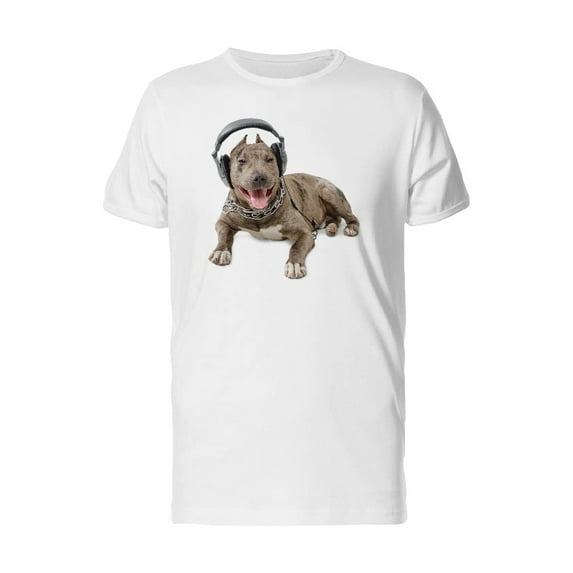 Dog Breed Pit Bull In Headphones Lying Isolated On White T-Shirt Men -Image, Male x-Large