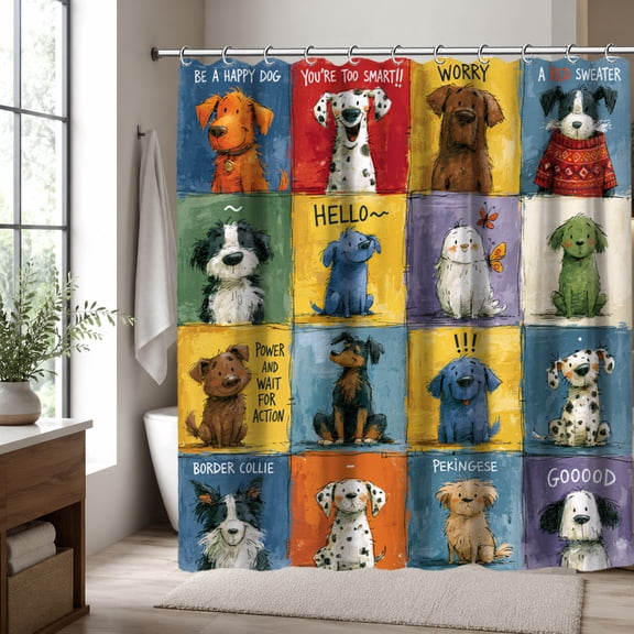 Dog Breed Shower Curtain, Cute Puppy Pattern Bathroom Curtain, Colorful Cartoon Dogs Design, Pet Lover Bathroom Decor 70.87 x 70.87 Inch