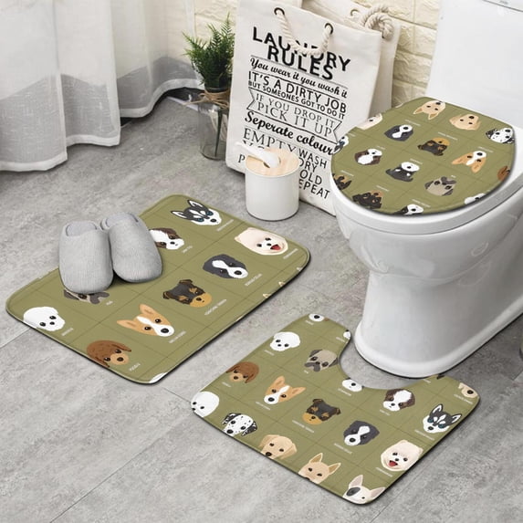 Dog Breeds Bathroom Rugs Sets 3 Piece,Toilet Cover Set,Absorbent Non Slip Bathroom Mats Sets with U-Shaped Contour Rug Toilet Rug Set