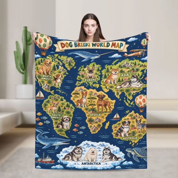Dog Breeds Blanket World Map Flannel Throw Blanket Gift for Dog Lovers and Pet Owners 50x40 in