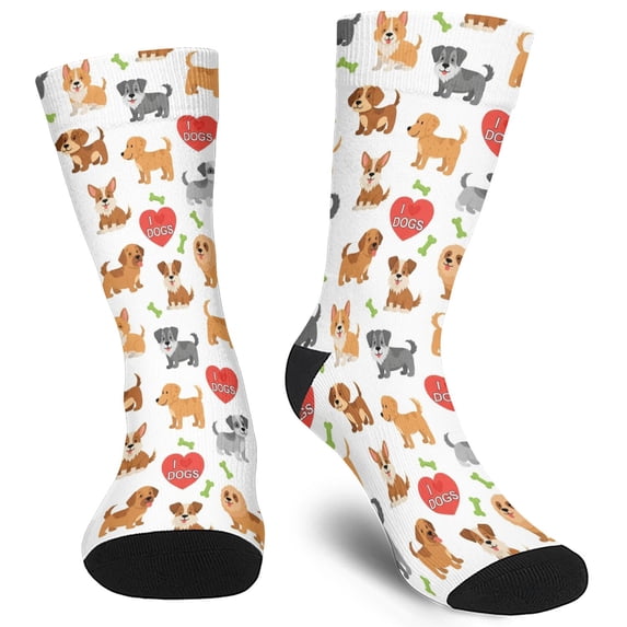 Mid Guy Dog Breeds and Hearts White Pattern Men's Mid-calf Crew Socks, Work ...