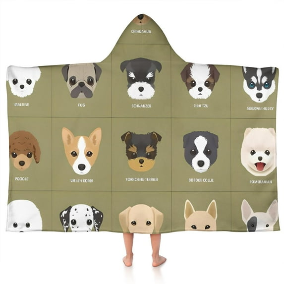 Dog Breeds Hooded Bath Towel,50"x30" for Ages 3 To 12 Kids, Quick Dry Lightweight Soft Microfiber Hood Beach Towel Cover Up for Kids