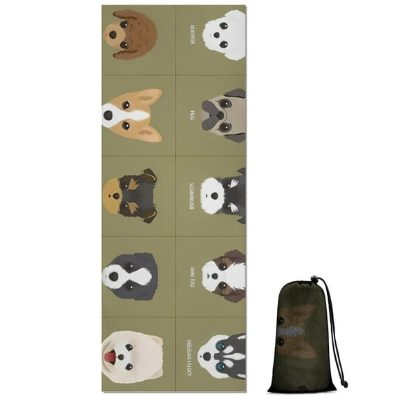 Dog Breeds Hot Yoga Mat Towel Non Slip for Hot Yoga - Quick-Drying Yoga Mat Cover with 4 Corner Pockets with Travel Bag - Hot Yoga Towel Non Slip Grip Moisture Wicking Sweat 70"x26"