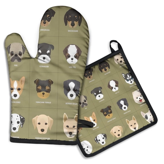 Dog Breeds Kitchen Oven Mitt and Pot Holder Sets 2 Pcs for Baking, Cooking and Grilling, Heat Resistant Up To 392 °F