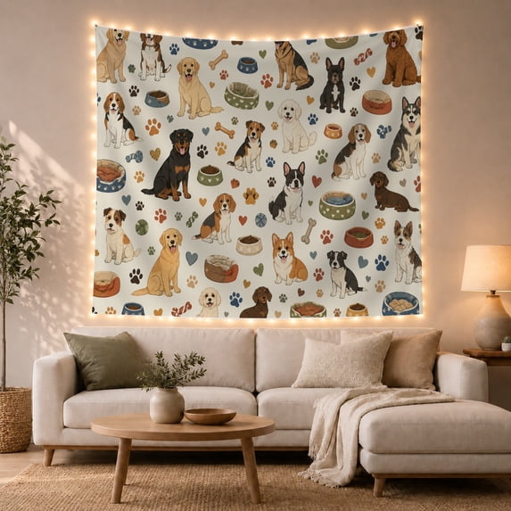 Dog Breeds with Paw Prints and Bones in Cream Pattern, Whimsical Illustration for Dog Lovers, Pet Themed Wall Decor, Housewarming Gift Tapestry Wall Hanging for Living Room and Bedroom