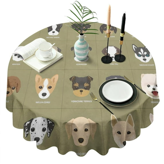 Dog Breeds Round Tablecloth 60"x60",Wrinkle Wipeable Table Cloth for Kitchen Dining Room Picnic Patio Party