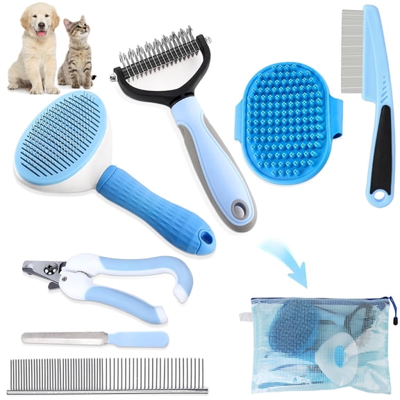 Dog Brush Dog Grooming Kit, 6PCS Deshedding Brush and Dematting Comb for Dogs, Cat Nail Clipper with File, Flea Comb, Bath Brush for Shedding Control at Home, Blue