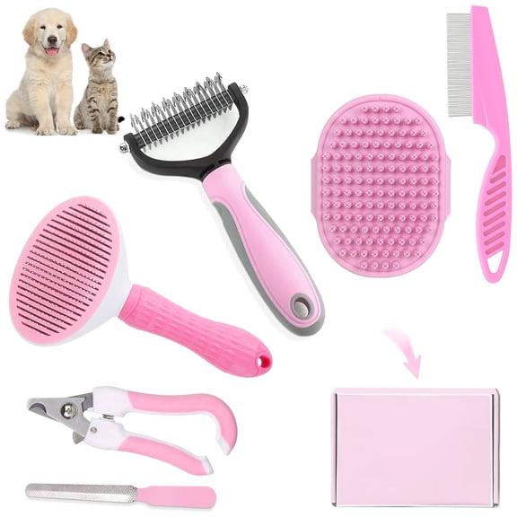 Dog Brush Grooming Kit 6PCS, Deshedding Tools for Shedding with Dematting Comb, Nail Clipper with File, Flea Comb and Cat Bath Brush for Home Use, Pink