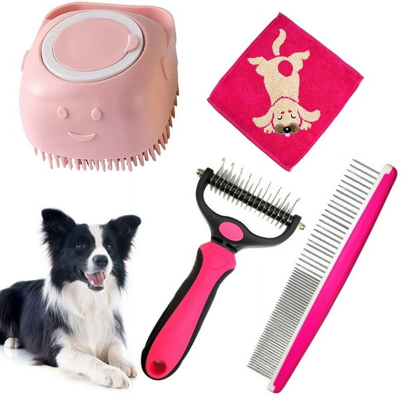 Dog Brush Kit 4 In 1 Grooming Comb with Puppy Towel - Dogs & Cats Grooming Brush Kit – Dog Comb Dematting Rake Shampoo Massage Dispenser Dog Brush & Dog Towel for Removing Hair Knots and Shedding