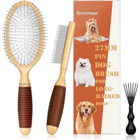 Dog Brush for Long Haired Dogs, 27mm Extra Long Metal Pin Dog Deshedding Brush and Comb Set, Short Haired Shedding Grooming Detail Pets Brush Set with Rubber Handle
