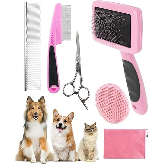 Dog Brush for Shedding Grooming,6 Pack Long-Pin Brush Set for Long Haired Dog Cat Goldendoodles Poodles Doodles Pink