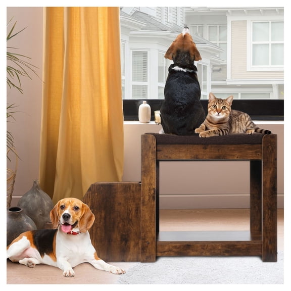 Dog Bunk Bed with Steps, Cat Window Perch - Multi-Level Pet Bed Platform with Cushion & Scratch Pad, Indoor Use - Durable Wood Frame