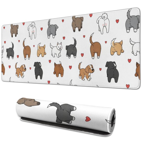 Dog Butt and Heart White Pattern Extended Large Mouse Pad, Keyboard Mouse Pad with Non Slip Base & Stitched Edges, Thick Padded Gifts for Birthday Christmas Thanksgiving,31.5"x11.8"