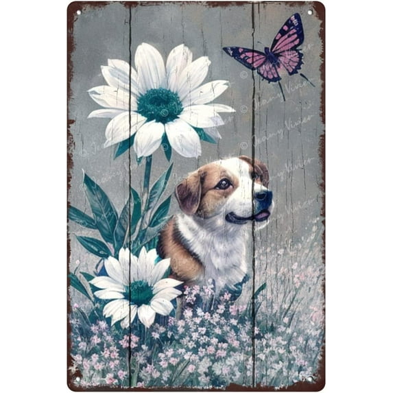 Dog and Butterfly Metal Tin Sign, Dog Lover Metal Sign, Forest Tin Sign, Nature Wall Decor, Floral Wall Art, Rustic Farmhouse Gifts, Dog Gifts, Garden Tin Sign 12x8 Inches
