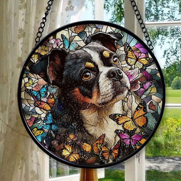 Dog and Butterfly Stained Glass Window Hanging, Pet Memorial Gift, Colorful Glass-Inspired Dog Decor, Gift for Dog Lovers, Stained Glass Ornament 2025, Holiday Decoration,