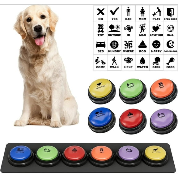 Dog Buttons for Communication, 6 Pcs Dog Talking Button Set, 30s Voice Recordable Pet Training Buzzer, Speaking Buttons for Cats & Dogs with Waterproof Dog Activity Mat