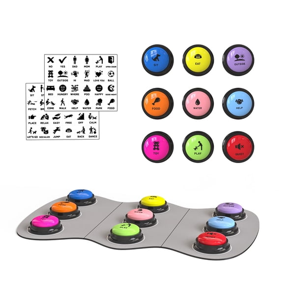 Dog Buttons for Communication, 9 Pcs Recordable Talking Button Set with 30s Voice, Pet Training Buzzer Kit for Dogs and Cats, Waterproof Anti-Slip Mat, 48 Scene Stickers for Outside/Food/Play