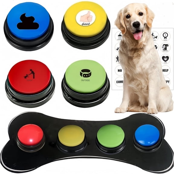 Dog Buttons for Communication,Dog Speech Training Buzzer Set, 4 Recordable Buttons with Non-Slip Rubber Mat and 25 Stickers - Record& Playback Your Own Voice to Train Your Dog Voice What They Need