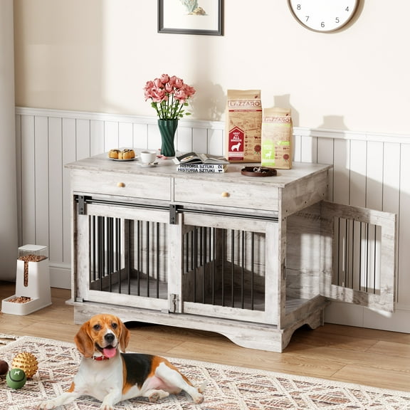 Dog Cage with Drawer and Sliding Door, Dog Furniture Crate, 47" Large Dog Crate Furniture with 2 Storage Draws & Removable Divider for Large/Medium/Small Dogs