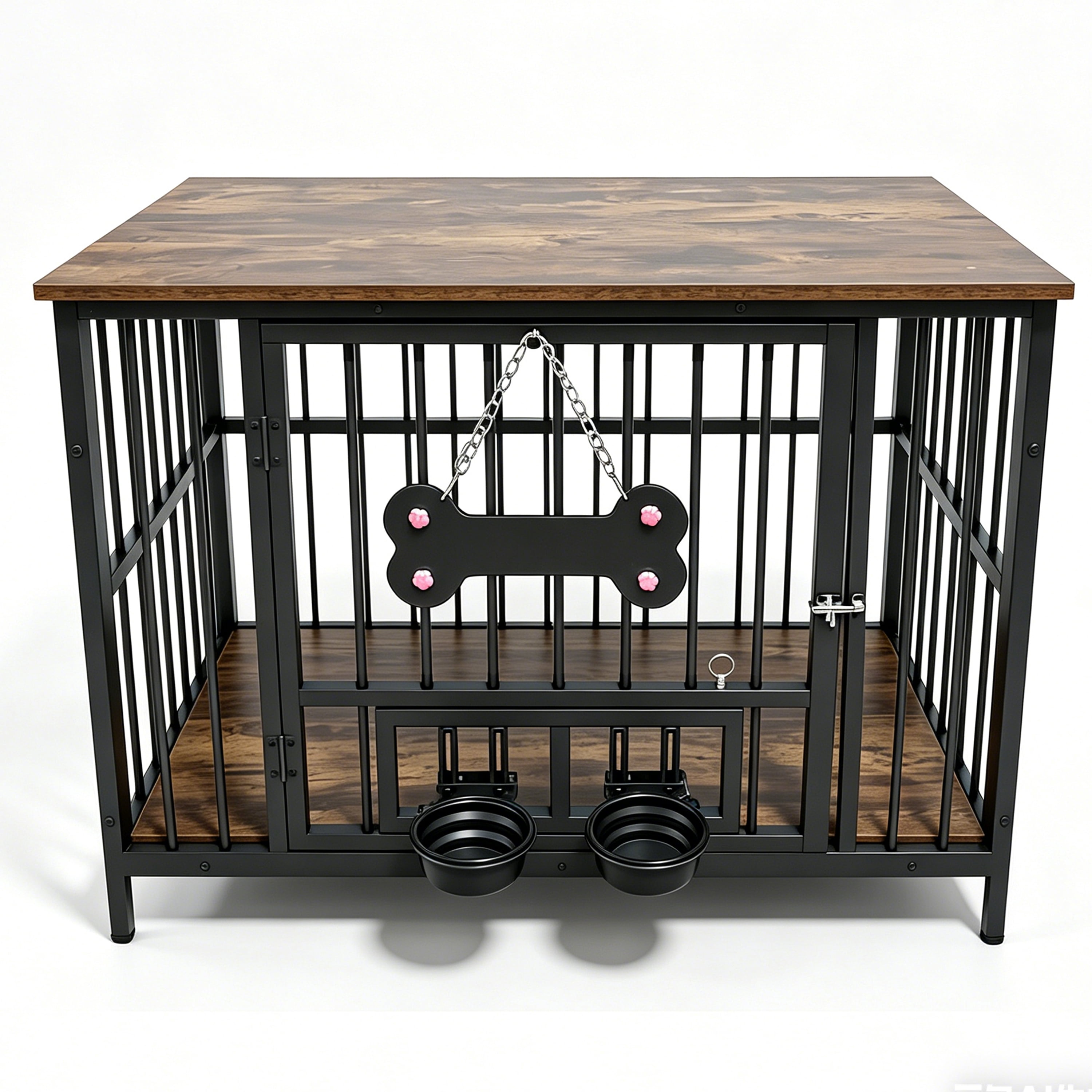 Dog Cage Edge, 360 Degree Rotating Bowl, Vintage Wood Grain